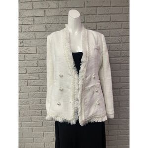 Aifuniee White Tweed Double Breasted Pearl Button Jacket Size M NWT